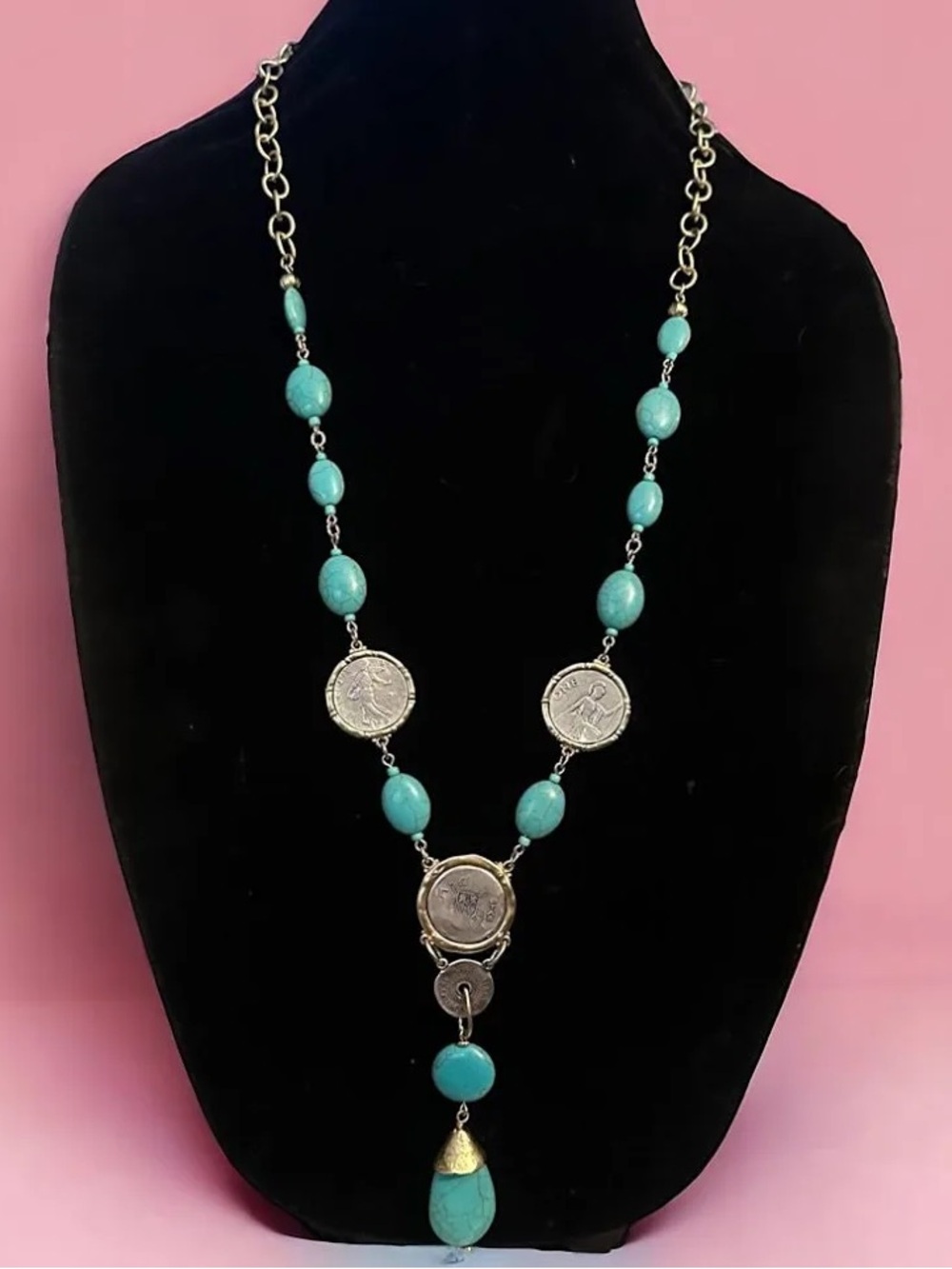 Chico's Isabella Turquoise Howlite and Roman Coin Y-Drop Necklace - Picture 8 of 10
